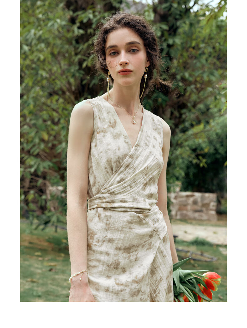 Olrain French Style Apricot Dress Women Summer Waist Slim Floral Mid-Length Dress Apricot L 18