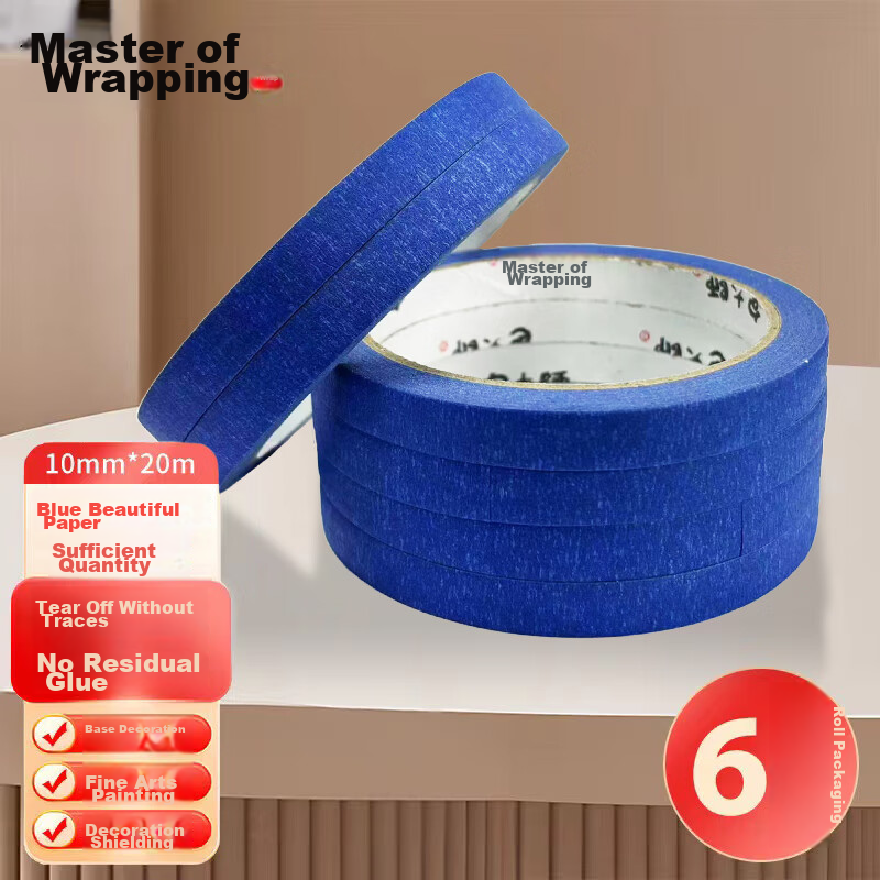 Master Package Colored Masking Tape Blue 10mm*20m*6 Rolls/tube Hand-Tear Paper Tape Color Separation Tape for Wedding Decoration, Base Layer, Painting, Renovatio