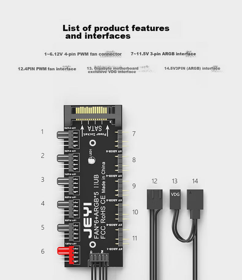 JEYI Motherboard Fan Hub RGB Light Strip FAN HUB Computer Temperature-Controlled Speed Adjustment Board with 11 Expansion Ports 5