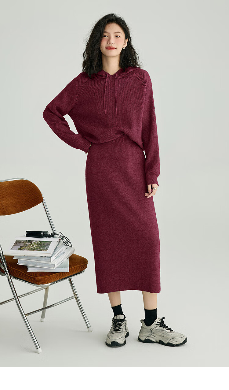 DME Relaxed Knit Set Spring Autumn Hoodie Knit Top + Elastic Knit Skirt Two-Piece Set 8
