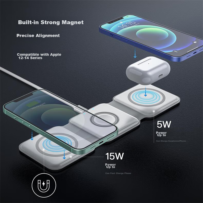 Zitai Three-In Foldable Magnetic Wireless Charger for Apple Magsate 15W Fast Charging IPhone 18/17/16/15/AirPods Earphones/iWatch W07 4