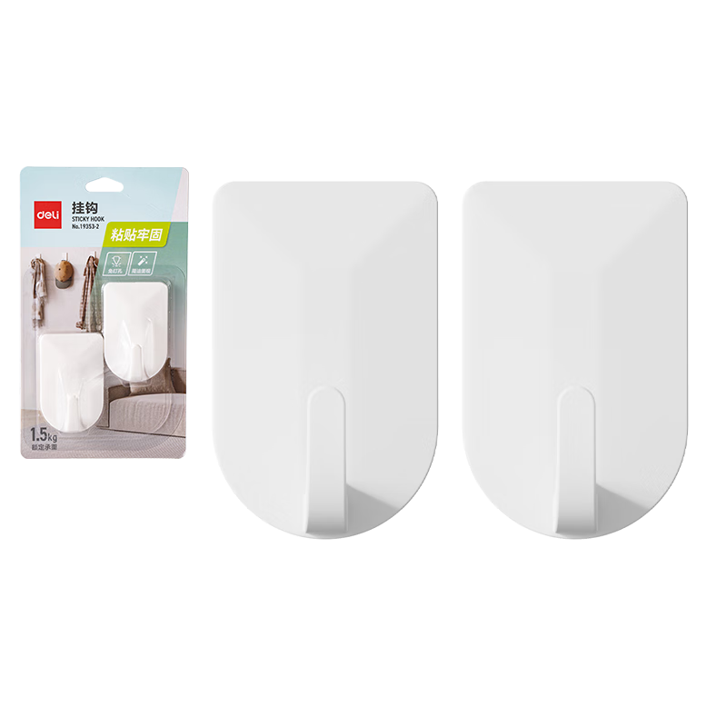Deli Strong Adhesive Hooks, Heavy-Duty No-Drill Simple Design, Bathroom Kitchen Door Back Adhesive Hooks, 2 Pieces, 19353-2