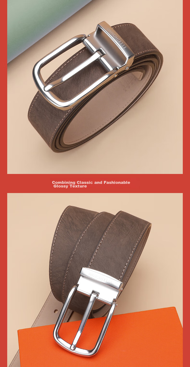 ELLE HOMME Men's Leather Belt, Fashionable Pin Buckle Waistband, Top-Grain Cowhide Casual Trouser Belt for Men, Birthday Gift for Me 12