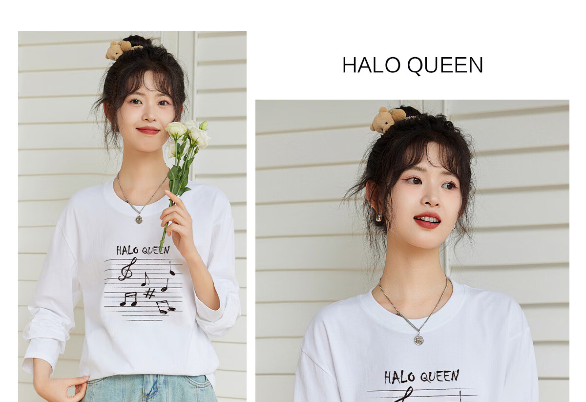 Halo Queen Women's Long Sleeve Cotton T-Shirt Spring Autumn Round Neck Letter Bow Print Casual Base Shirt New H143T2009 40