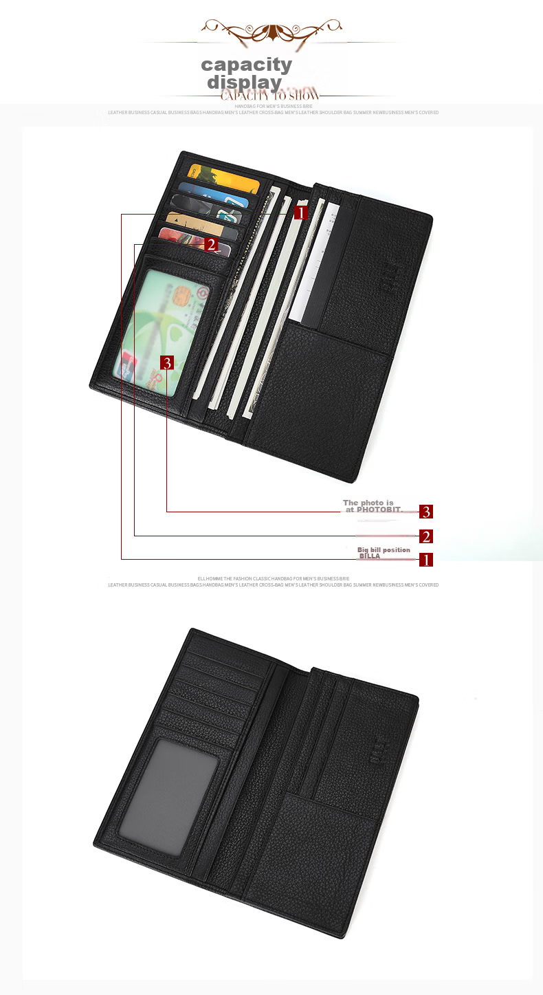 ELLE HOMME Luxury Men's Long Wallet, Fashionable Top-Grain Leather Billfold, Multi-Card Slots 8712, Birthday Gift for Me 6