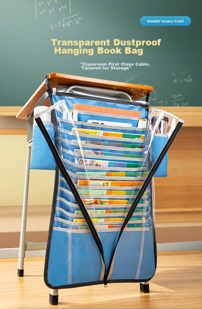 Jindeli 13-Layer 18-Grid Desk Organizer with Hanging Bag, Large Capacity Side Storage Pouch for Middle And High School Students' Books, Blue DC1932 1