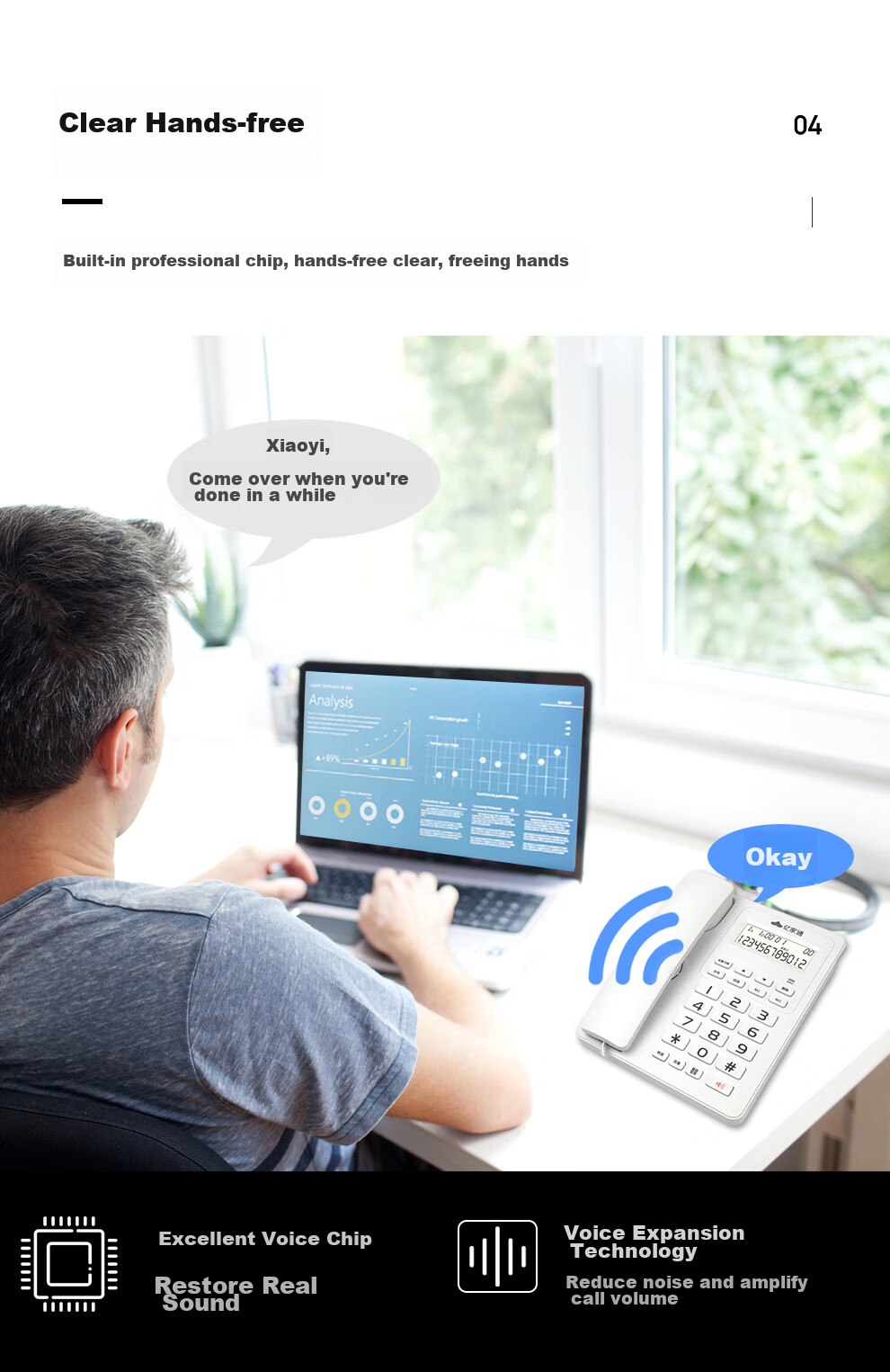 Yijiatong Office Telephone T60, Home Landline, Stylish Business Office Caller ID, for Office/home/business Use, White with Dual Interfaces 9