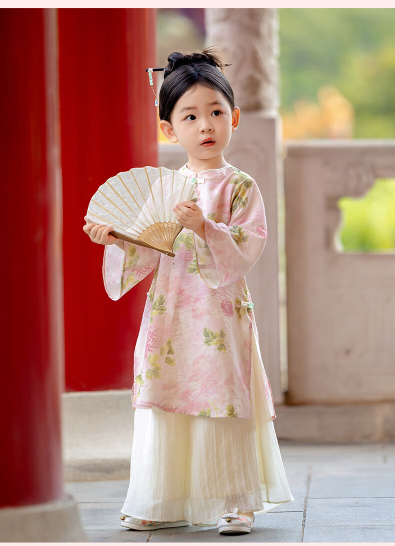 Menghu Ruoli Hanfu Girls' 2026 Spring New Chinese-Style Set, Vintage-Style Long-Sleeve National Style Parent-Child Outfit, Pink Floral Pattern, Size 150 6
