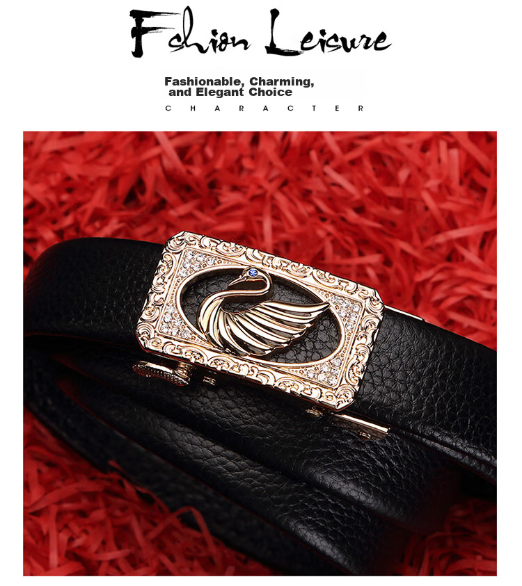 CROCODILE Swan Crystal Diamond Fashion Women's Belt, Top-Grain Leather Waistband, Women's Trouser Belt, Birthday Gift, 2666 Black 1