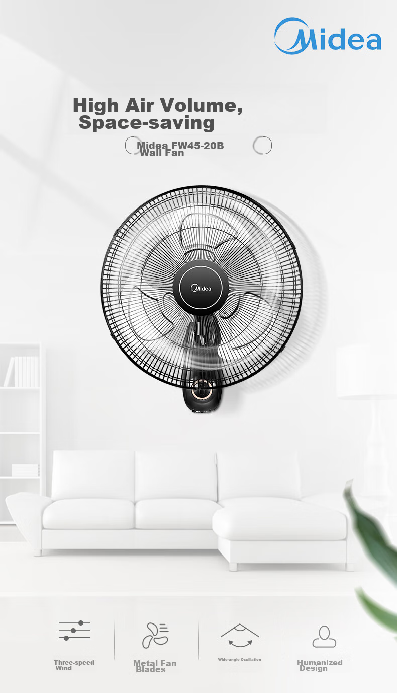 Midea Wall-Mounted Industrial Metal Fan, Commercial Wide-Angle Oscillating High-Volume Wall-Mounted AC Fixed-Frequency Fan, 20-Inch Large Head Wall-Mounted Electric Fan, FW45-20B 2
