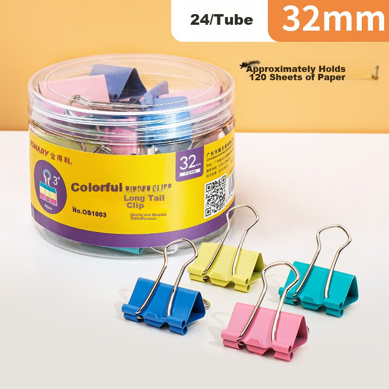 Jindeli 3#32mm Colorful Binder Clips, Small Clips, 24 Pieces/bucket, Long Tail Clips, Metal Bill Clips, Anti-Rolling Edge Stationery File Clips, Butterfly Clips, Fish Tail Clips, Office Supplies OS1003