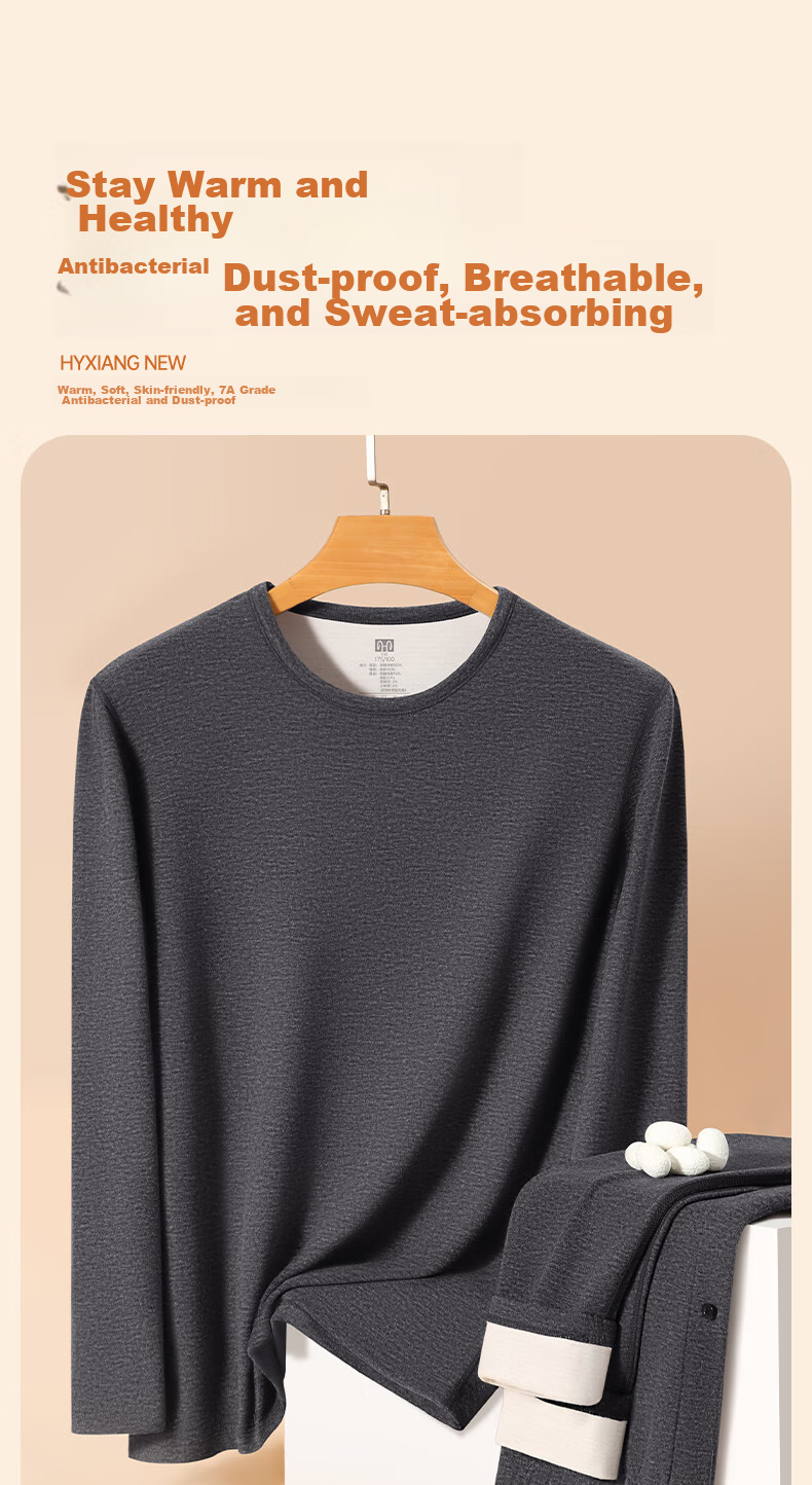 Hengyuanxiang [Cashmere Silk] Autumn And Winter 10A Grade Antibacterial Anti-Mite Thermal Underwear Men's Autumn Top And Pants Set, Black 20