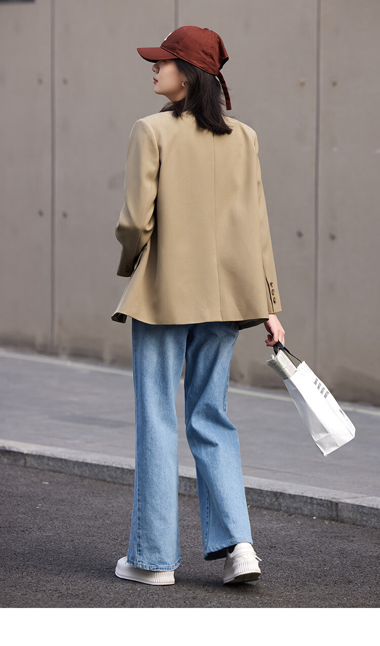 Dme [Turn-Down Collar Blazer] Spring Top, Curved Hem, Loose Suit Jacket for Women, Khaki, Size S 13