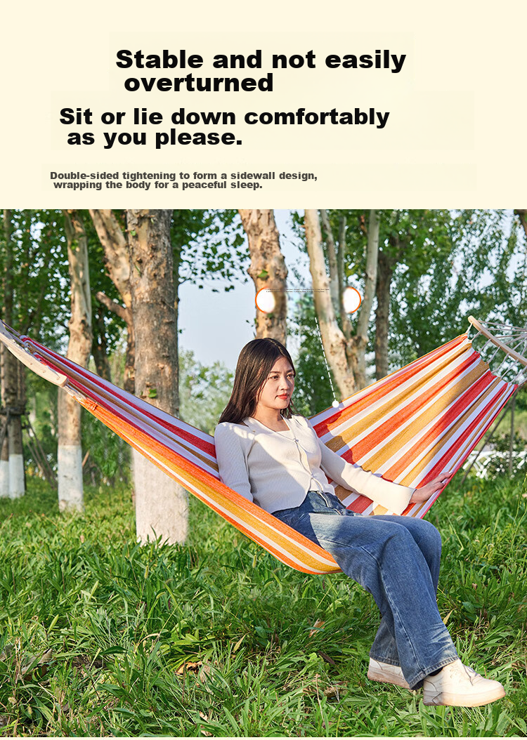Suncojia Outdoor Hammock, Camping Beach Swing, Wooden Pole Anti-Rollover Hanging Chair, Widened Single Dormitory Hanging Basket 3