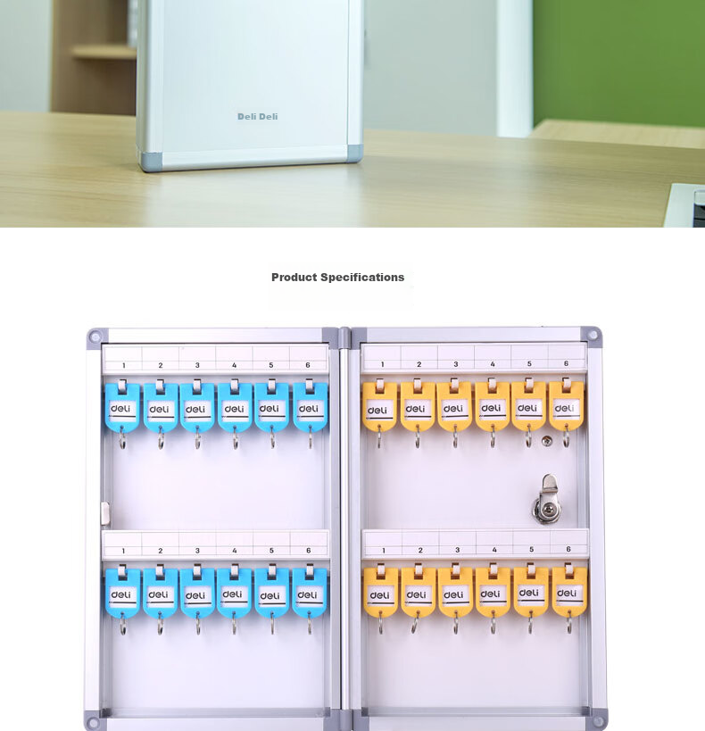 Deli 24-Slot Aluminum Alloy Key Management Box, Lockable Key Organizer Storage Cabinet/Key Box/Emergency Key Cabinet Wall-Mounted/With Key Tags, Silver 8
