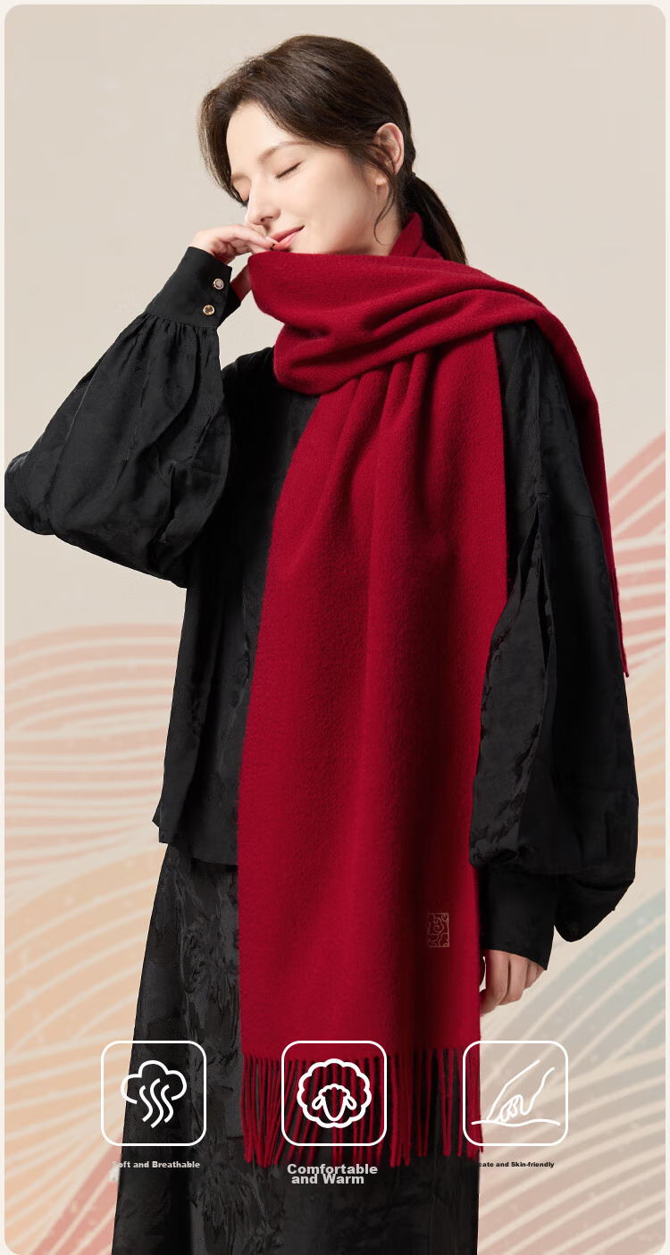 JIUMU Pure Wool Scarf for Women, Autumn And Winter Neck Warmer, Ladies' Warm Shawl, Red, Zodiac Year, Birthday Gift Box Set 7