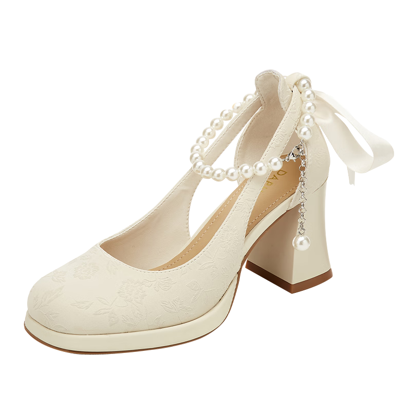 DAPHNE Chinese Style Dress Shoes for Women with Chunky Heel, Height-Increasing Black High Heels Wedding Shoes Mary Jane Shoes Beige 39