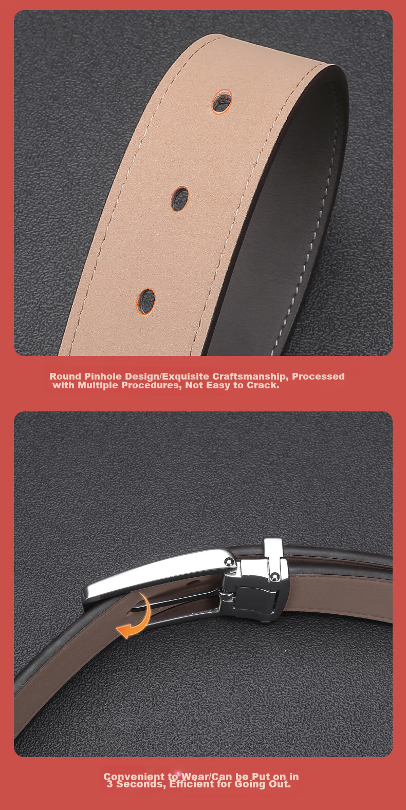 ELLE HOMME Men's Leather Belt with Pin Buckle, Top-Grain Cowhide Casual Trouser Belt for Men, Birthday Gift for Boyfriend 6