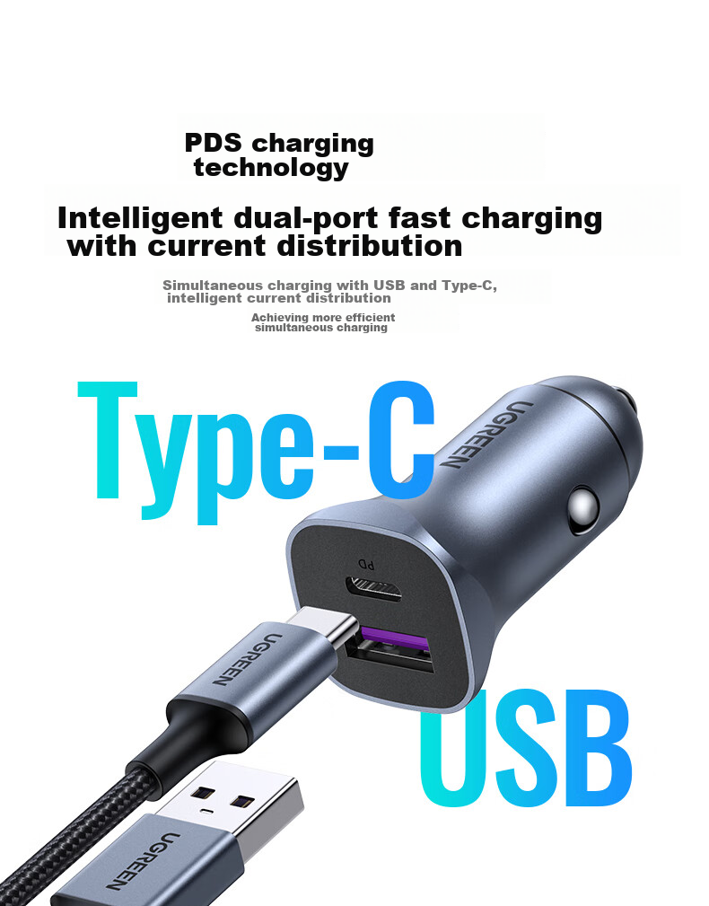 UGREEN Car Charger, Cigarette Lighter Adapter, Dual Car Charger with 50W PD Fast Charging Ports, Compatible with Apple 17, Huawei, Xiaomi 5
