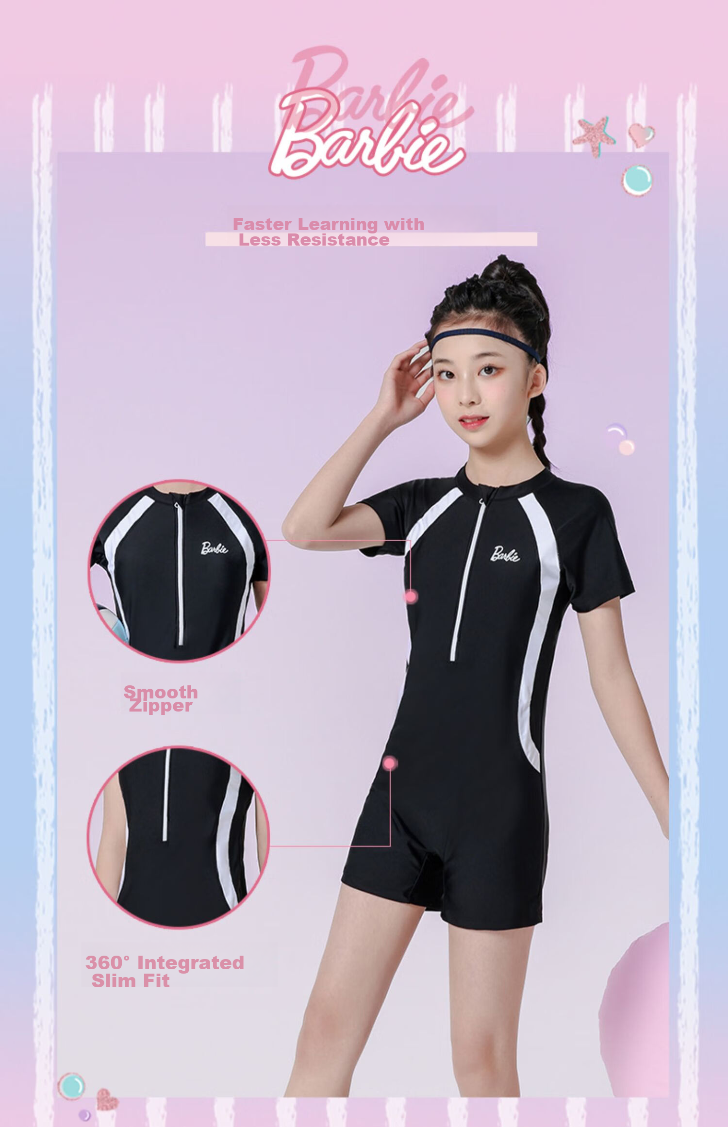 Barbie Children's Sun Protection Swimsuit One-Piece Dress for Older Girls, Conservative Swimwear for Elementary, Middle And High School Training for Young Wome 5
