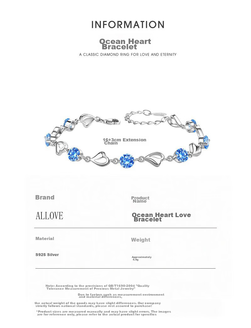 ALLOVE Ocean Heart Pure Silver Bracelet for Women, 2026 New Style Birthday Gift for Women, High-End Niche Present for Girlfriend Or Wife 2