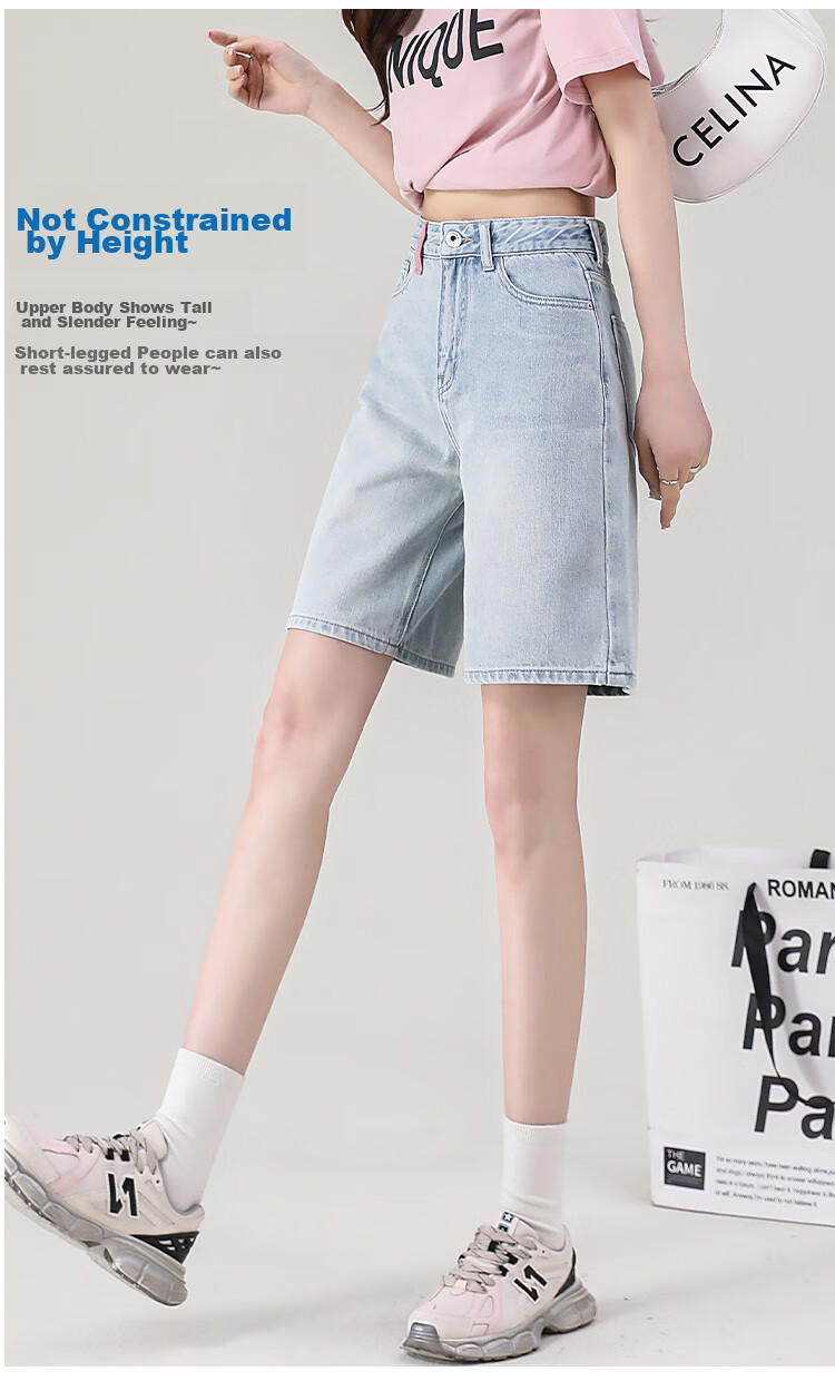 Dme Sweet Cool Girl Style Spring And Summer Contrasting Color Design Denim Knee-Length Pants, Women's Loose Non-Stretch Mid-Length Shorts, Light Blue, Size 30 6