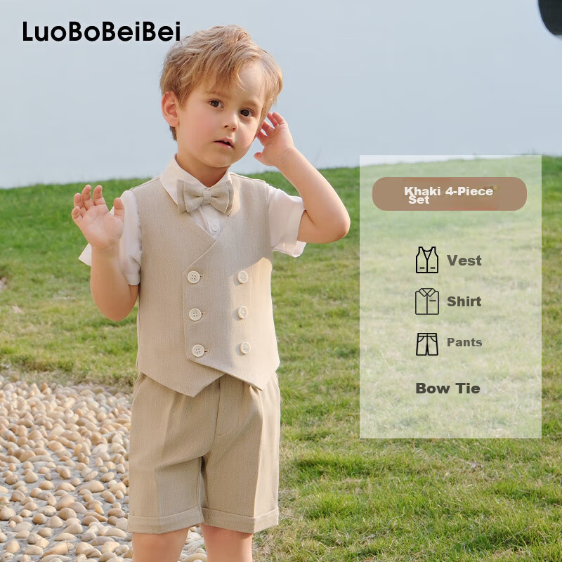 LUOBOBEIBEI Children's Suit, Korean-Style Vest And Shorts Set, Boys' Festive Outfit for Visiting Elders, Khaki Four-Piece Set, Size 140