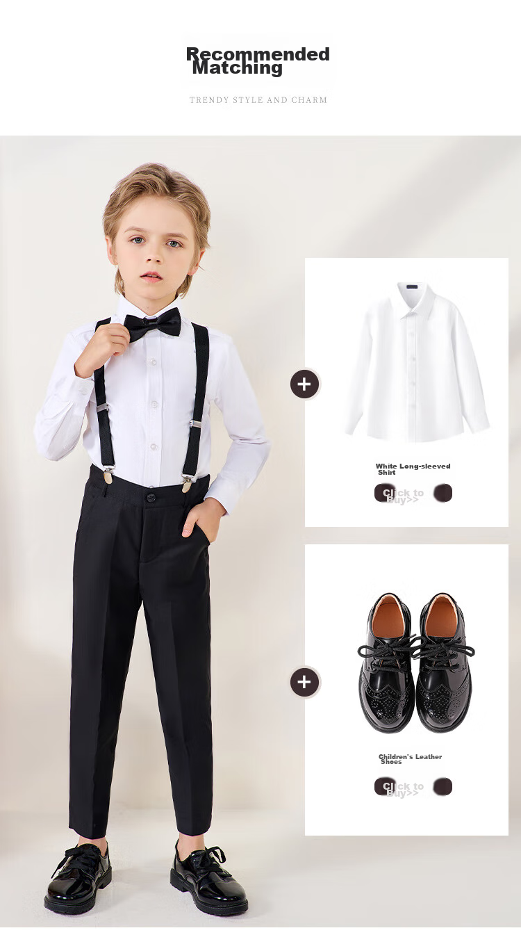 ROMON Children's Formal Wear, Holiday Performance Outfit, Boys' Graduation Host Long-Sleeve Long Pants Suspender Suit, Black, Size 150 8