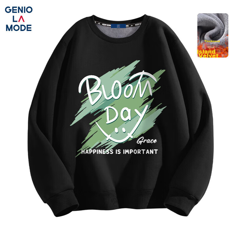 GENIOLAMODE Fleece-Lined Crew Neck Sweatshirt for Men, Autumn And Winter Heavyweight 420G Thick Hoodless Long-Sleeve Top, Trendy, Black, XL