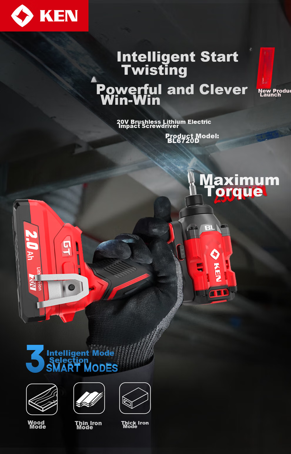 KEN 20V Brushless Lithium-Ion Impact Driver, 6720 Cordless Screwdriver, 230 N·m High Torque Electric Screwdriver 1