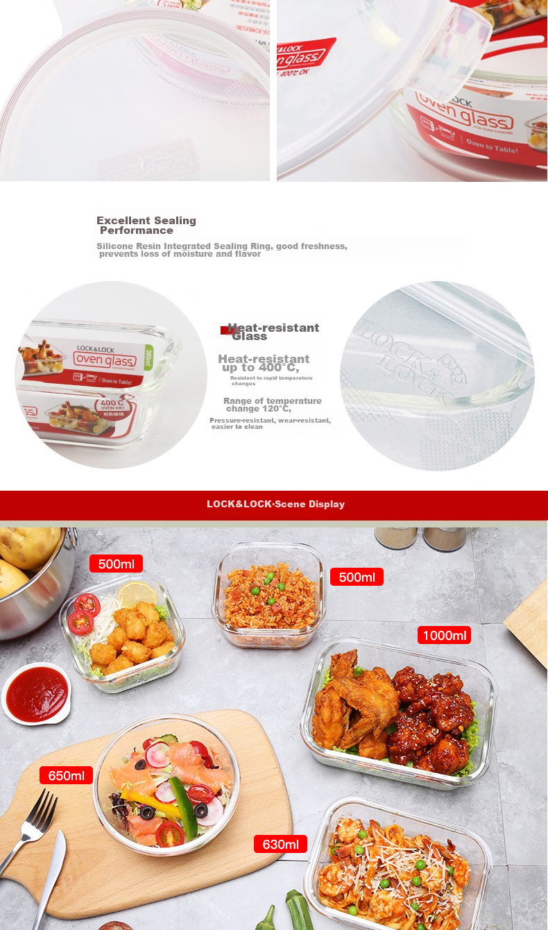 LOCK&LOCK Heat-Resistant Glass Food Storage Container, Large Capacity Lunch Box, Noodle Bowl, Sealed Bento Box, Meal Container, Refrigerator Storage Box, 950ML 6