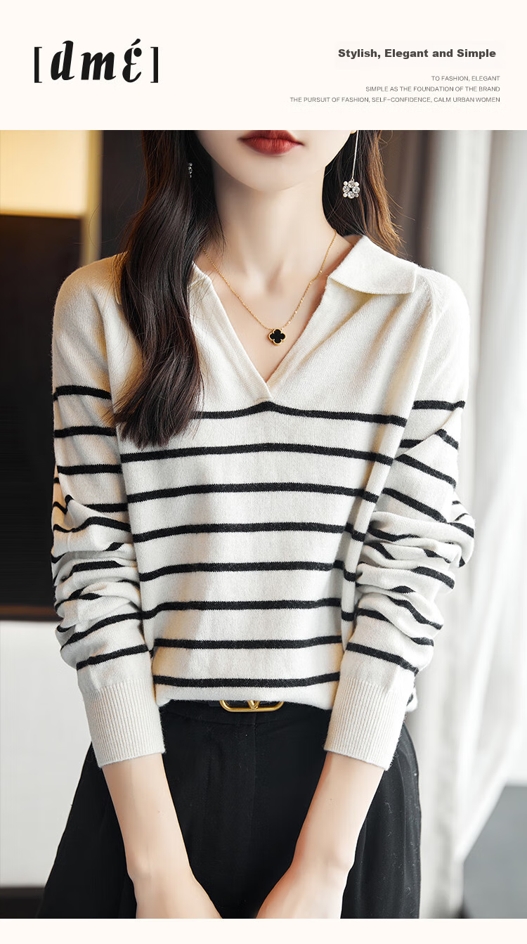 Dme Wool V-Neck Striped Sweater, Elegant And Relaxed Women's Wool Sweater, Black, L 1