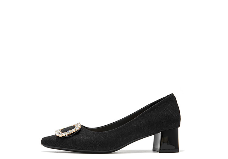 Josiny Rhinestone Square Buckle Pointed Toe Slip-On Chunky Heel Fashion Shoes, Spring Stylish Versatile Elegant Women's Pumps, Light Gold, Size 37 17