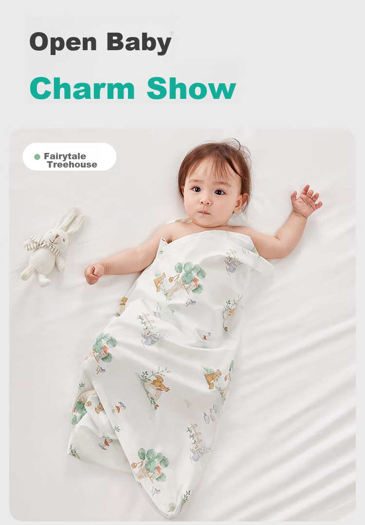 PurCotton Baby Swaddle, Antibacterial Knitted Blanket, Pure Cotton Newborn Wrap, Air Conditioning Cover, Fairy Tale Tree House Design, 90×90cm 16