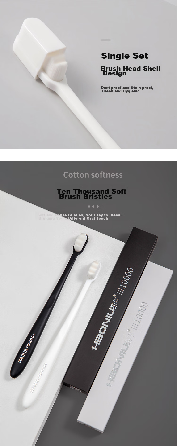HAONIU Wanrou Black And White Adult Soft Bristle Toothbrush, 2 Pieces 5