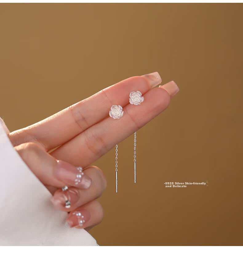 Dijing Iridescent Rose Earrings for Women, Silver Studs with Elegant Long Tassel Earrings, Birthday Gift for Girlfriend 4
