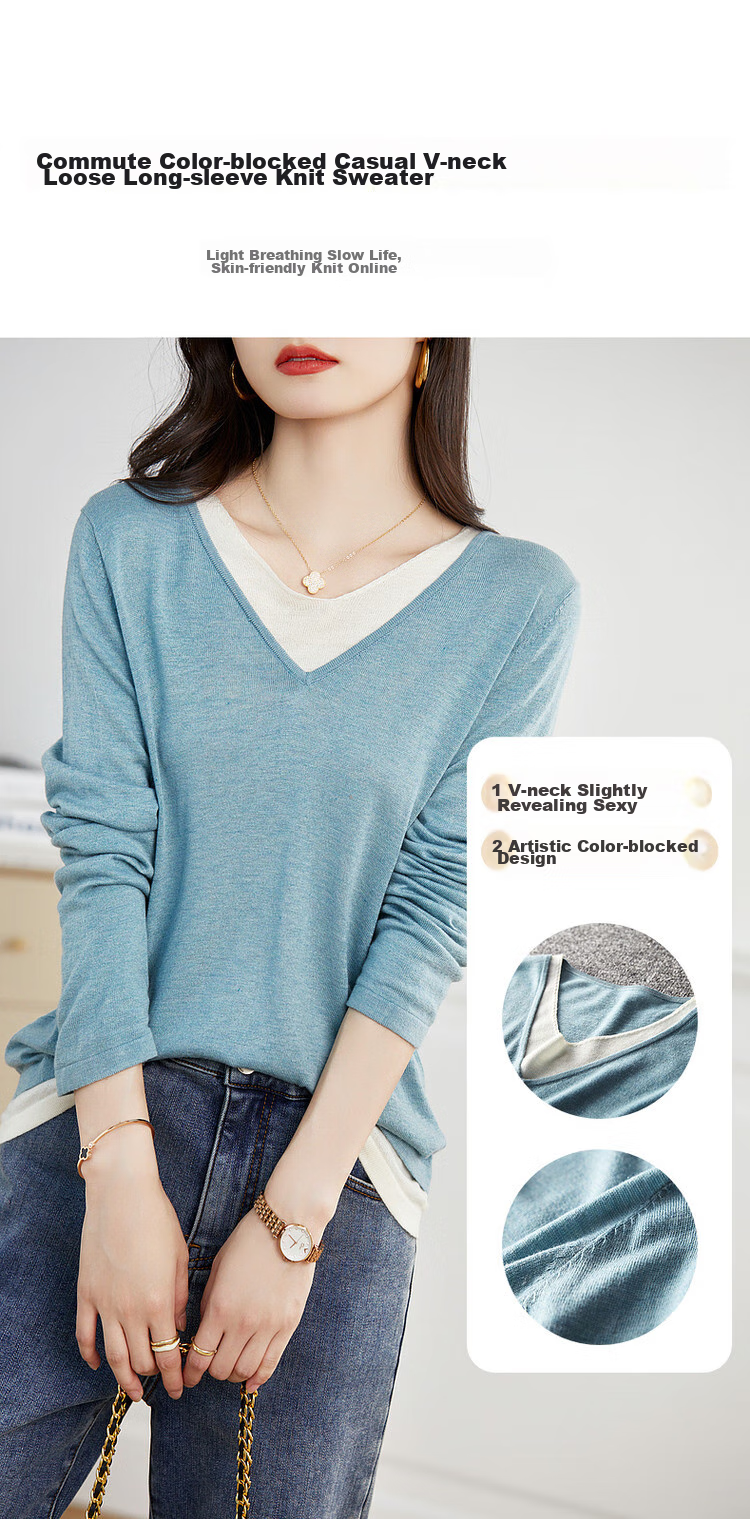 Dme [Color-Block Casual Knit Sweater] Spring And Autumn Commuter V-Neck Loose Long-Sleeve Sweater for Wome 3
