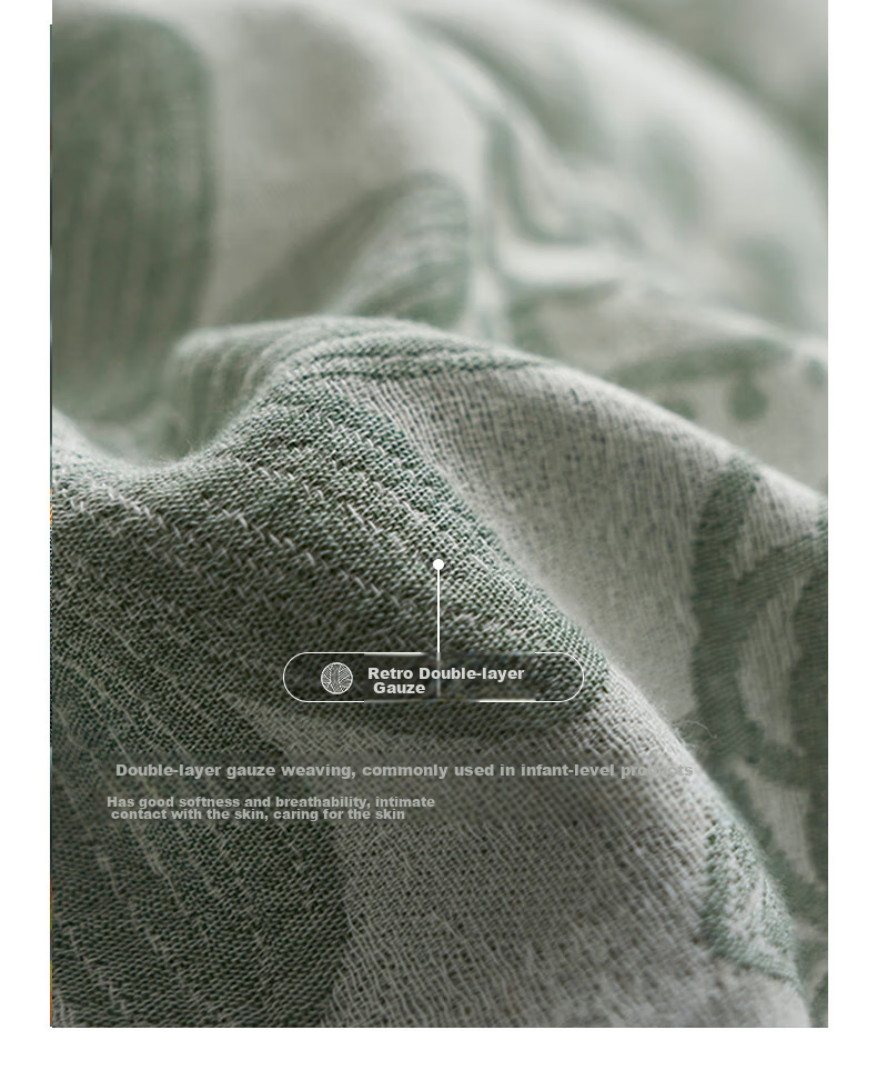 La Torretta Double-Layer Gauze Four-Piece Set, Pure Cotton High-End Color-Woven Jacquard Bedding Set, All-Cotton Duvet Cover And Bedsheet, Grass Green, 1.8/1.5m Bed 8