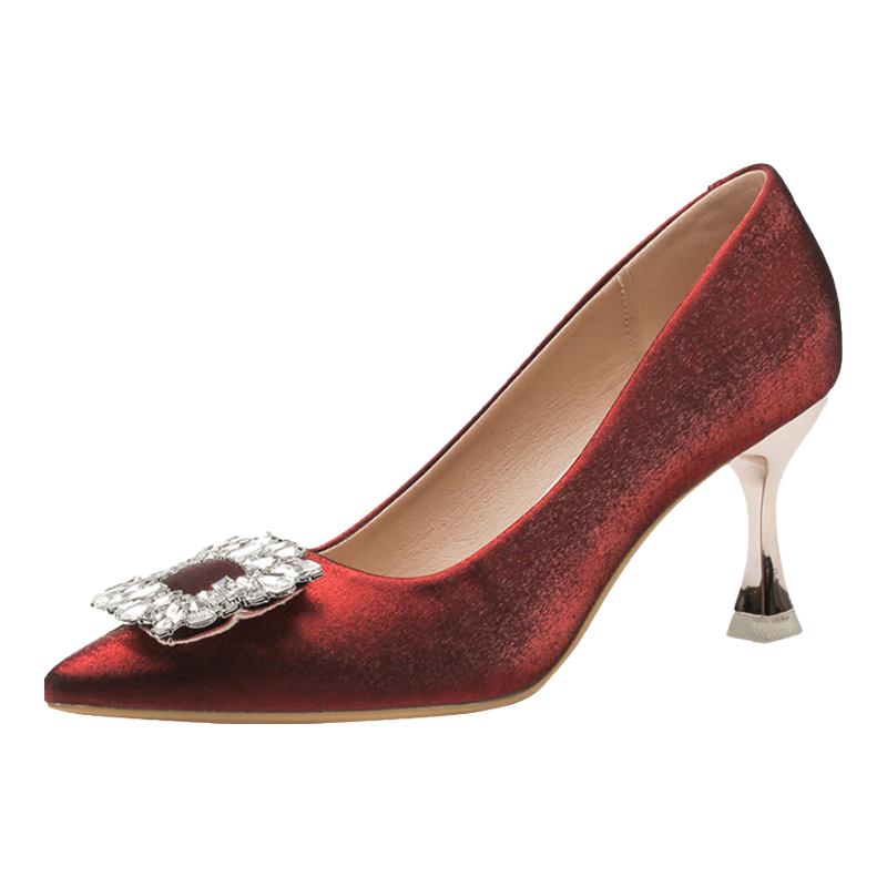 CARTELO Thin Heel High Heels for Women, Crystal Pointed Toe Wedding Shoes, KCC-2022 Red (7cm), Size 37