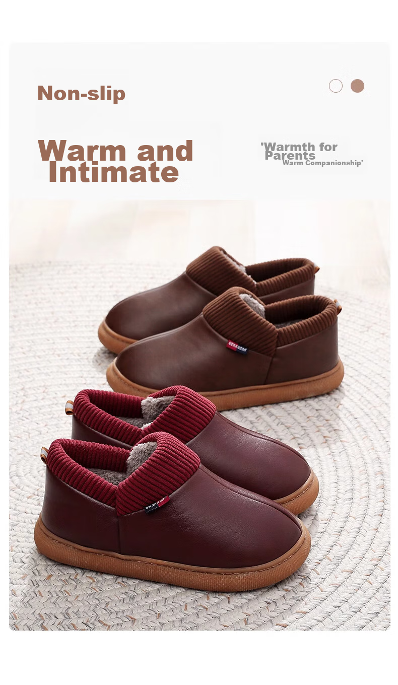 GUOLUOFEI Elderly Non-Slip Cotton Shoes with Heel, Fleece-Lined Warm Waterproof Slippers for Middle-Aged And Elderly Parents, Wine Red, Size 36-37 5