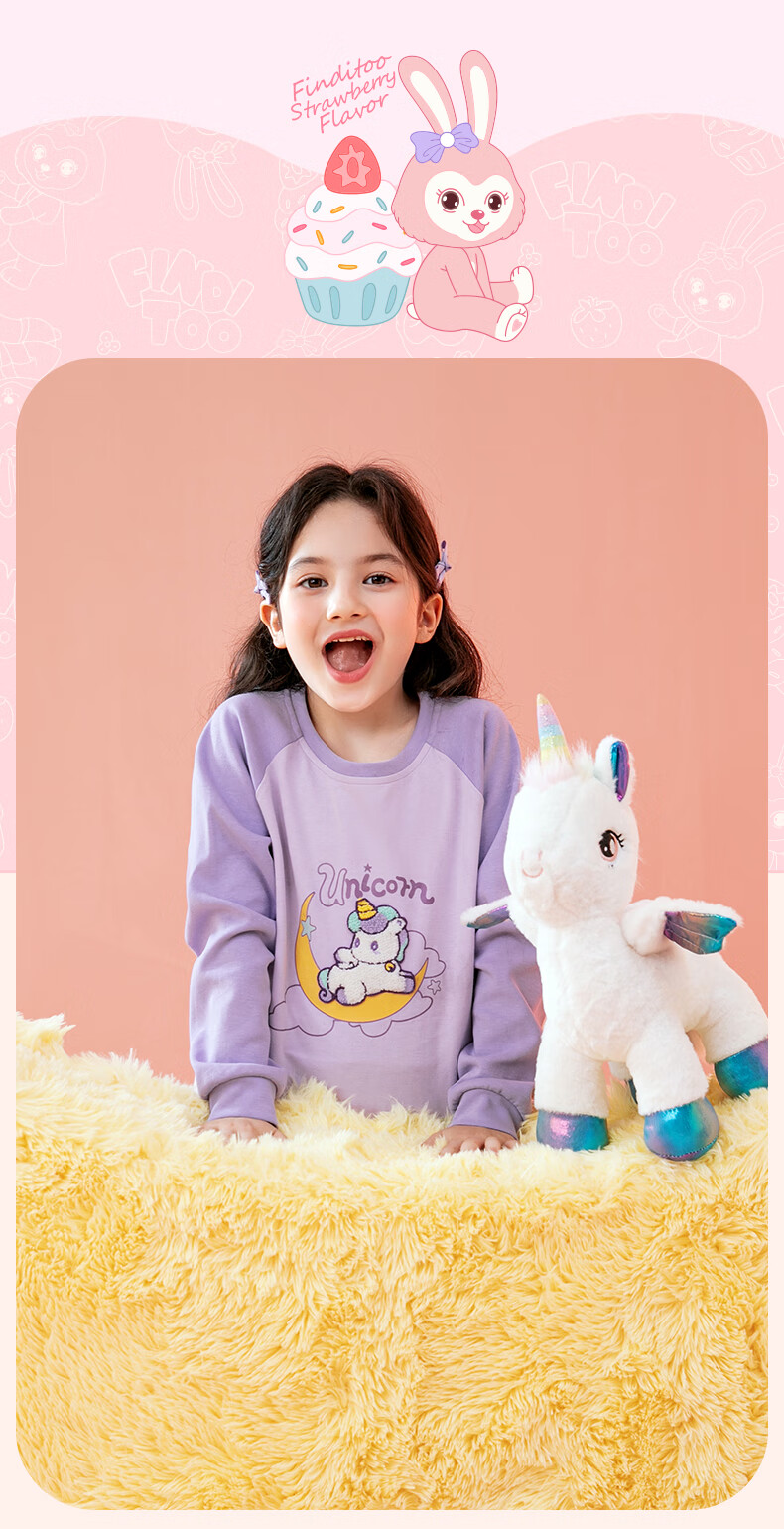 Fenteng Children's Pajamas, Girls' Pink Daisy Rabbit IP Early Spring Pure Cotton Raglan Sleeve Sleepwear for Older Childre 12