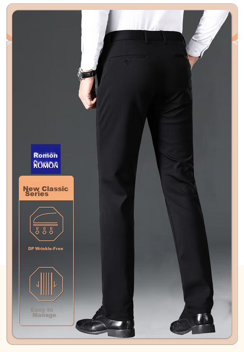 ROMON [Wrinkle-Free, Easy-Care] Men's Dress Pants, High-Waist Business Trousers, Casual Straight-Leg Pants 1