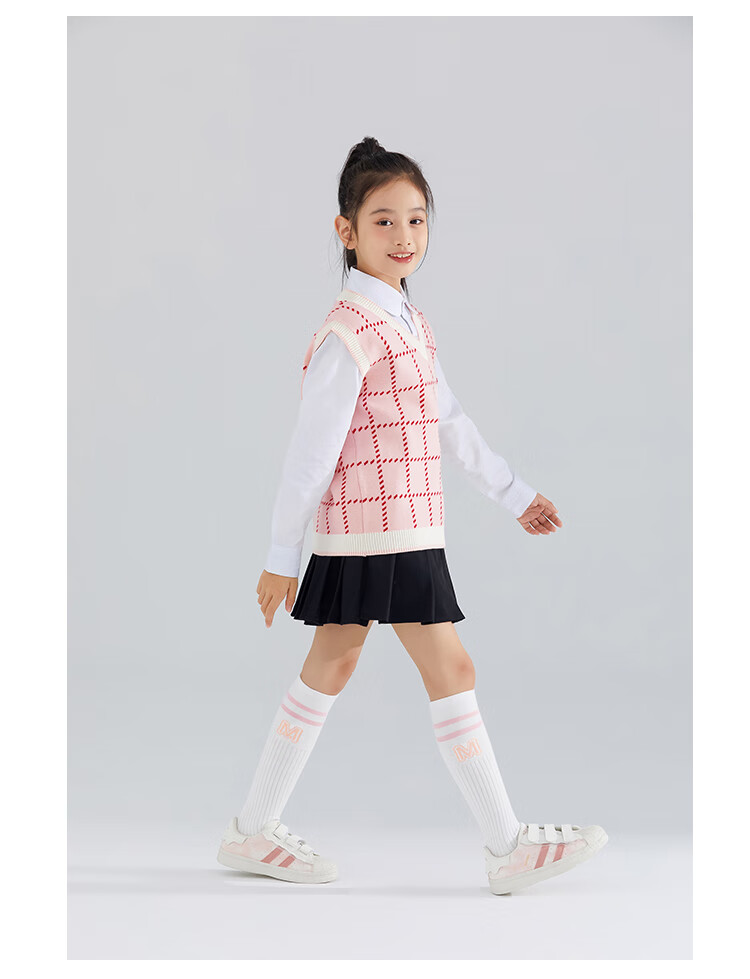 QQ DUCK Children's Clothing, Girls' Sweater Vest, Big Kids' Waistcoat, Knitted Sweater, Strawberry Plaid, Pink; 120 10