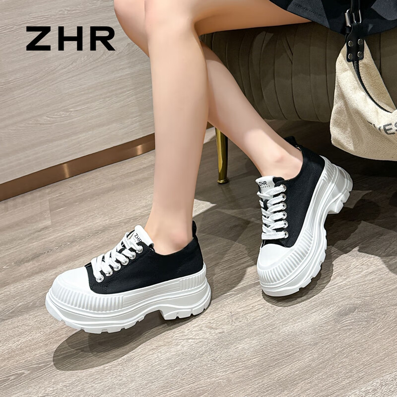 ZHR Canvas Shoes for Women with Laces, Thick Sole Heightening Women's Shoes, Simple Versatile Casual Shoes for Women QT05 Black 38