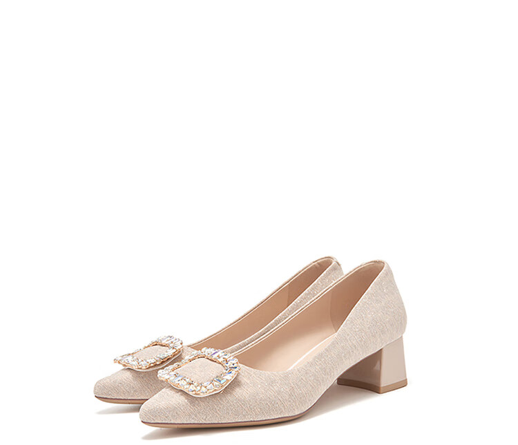 Josiny Rhinestone Square Buckle Pointed Toe Slip-On Chunky Heel Fashion Shoes, Spring Stylish Versatile Elegant Women's Pumps, Light Gold, Size 37 18