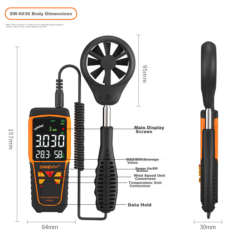 Suwei Anemometer Measures Wind Speed, High-Precision Handheld Air Flow Meter SW6016 18