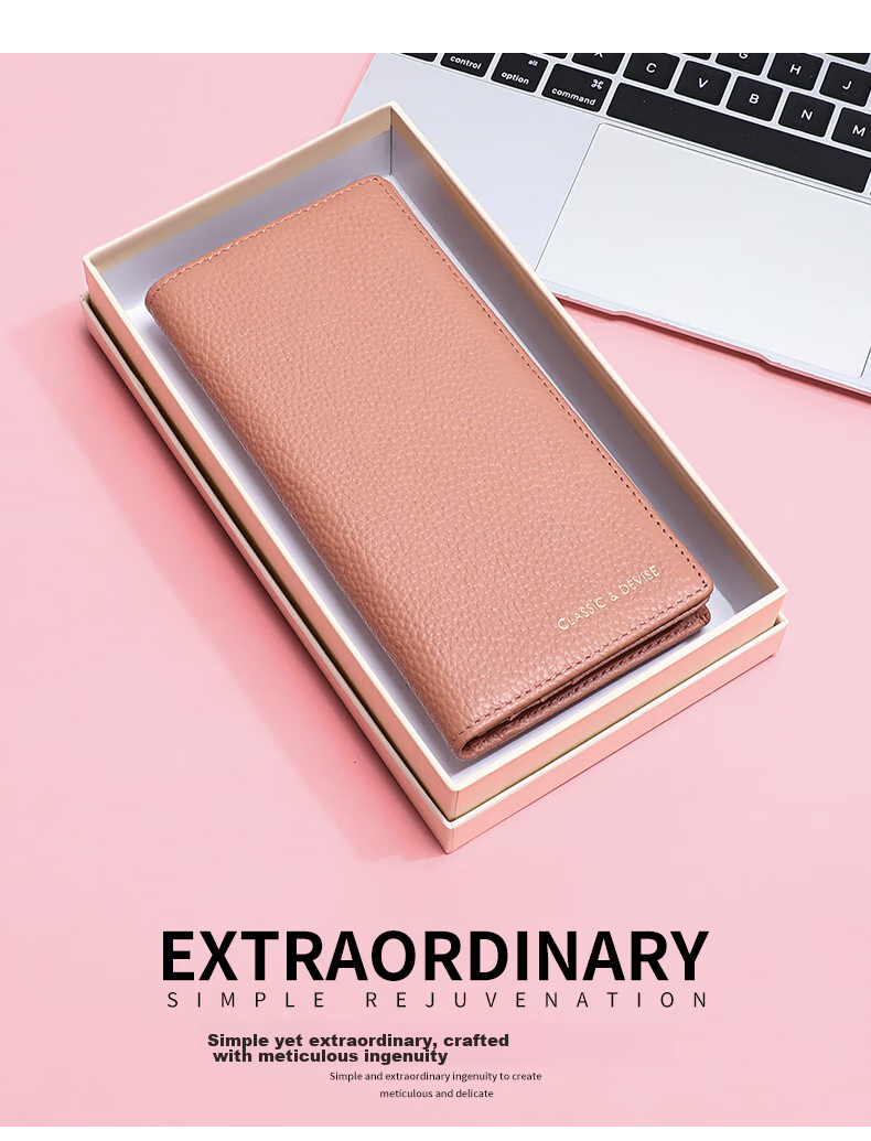 Viney Top-Grain Leather Wallet for Women, Long Style, Large Capacity, Mom's Clutch Bag, Simple Luxury Student Coin Purse, Leather Wallet, Money Clip 1