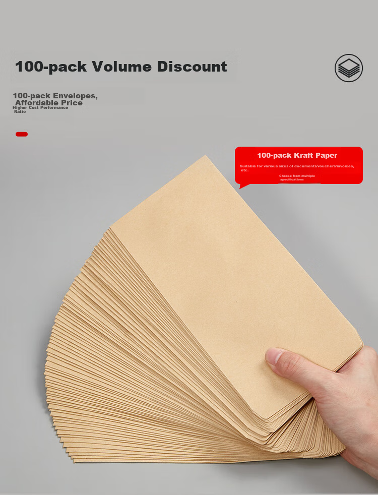 Kingdee 100 Sheets No. 7 Kraft Paper Envelopes, 229*162mm, Blank Unprinted Envelope Bags, Invoice Bags, Payroll Bags, Customizable BCBQ19-7 5