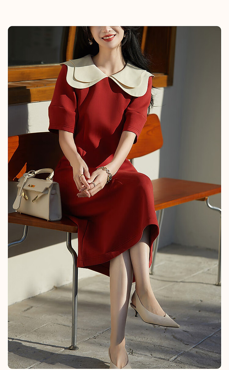Dme [Young Noble] Spring and Autumn French Petal Collar Little Black Dress 350G Air Layer Contrast Color Dress for Wome 3