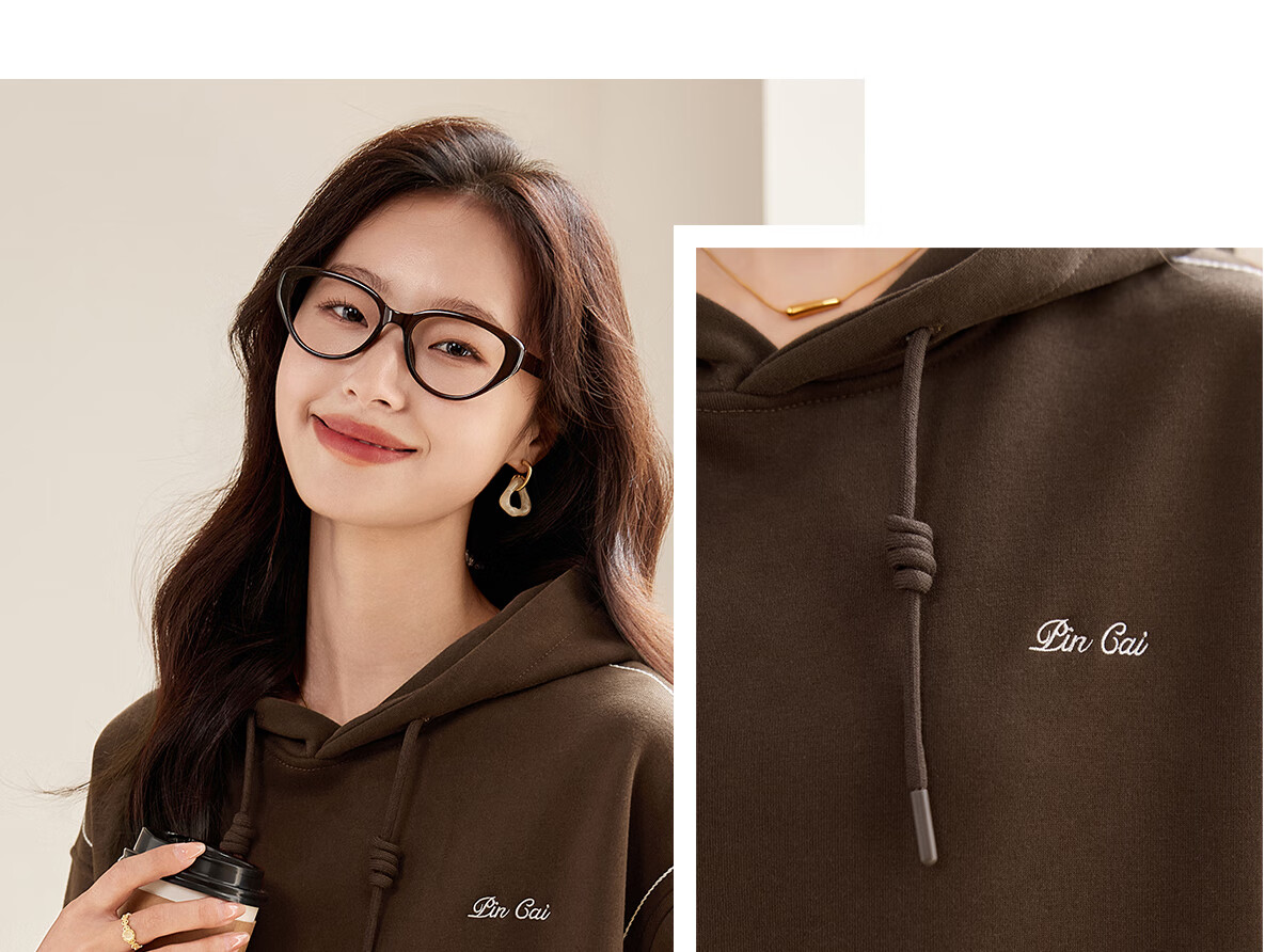PinCai Fleece-Lined Sweatshirt for Women, Loose Drawstring Hoodie, Autumn And Winter Fleece-Lined Thickened Solid Color Jacket P144W2001 24